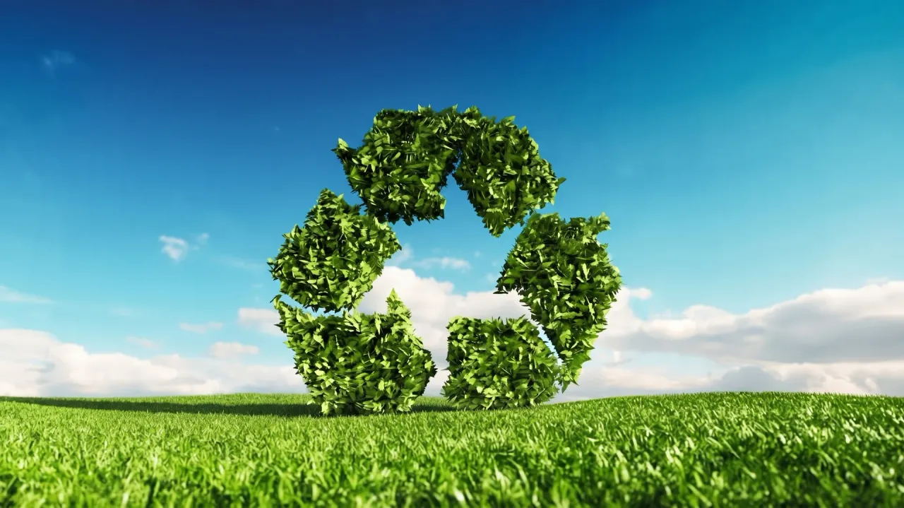Recycling symbol made of leaves on grass, representing waste management and recycling