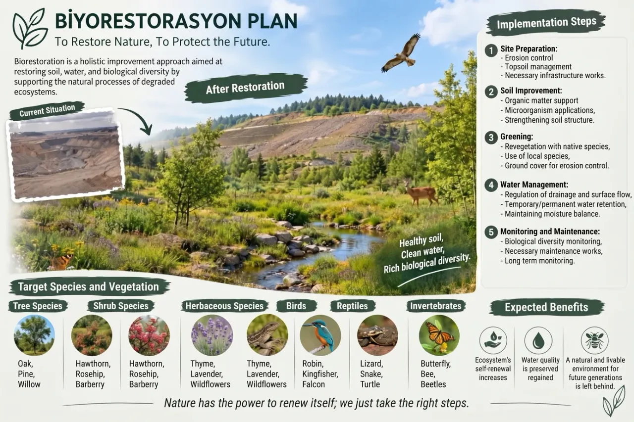 Infographic showing the baseline, implementation steps and target species of a biorestoration plan