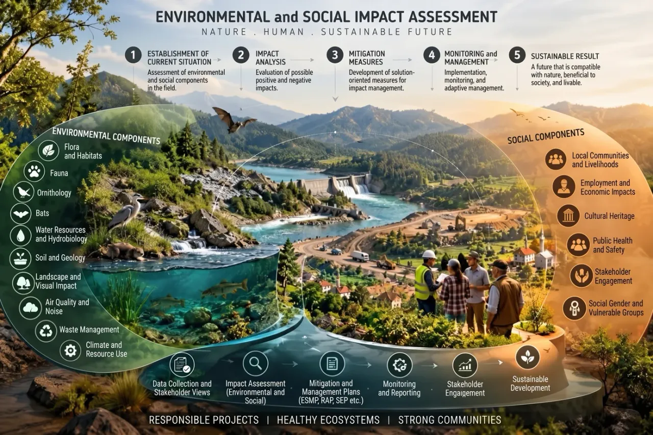 Infographic outlining environmental and social components, assessment steps and stakeholder engagement