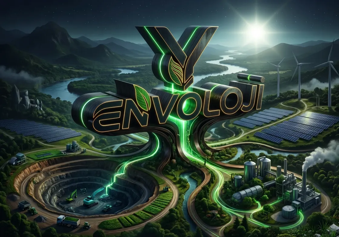 Envoloji’nin madencilik, yenilenebilir enerji ve sanayi projelerini çevreyle buluşturduğunu anlatan temsili illüstrasyon