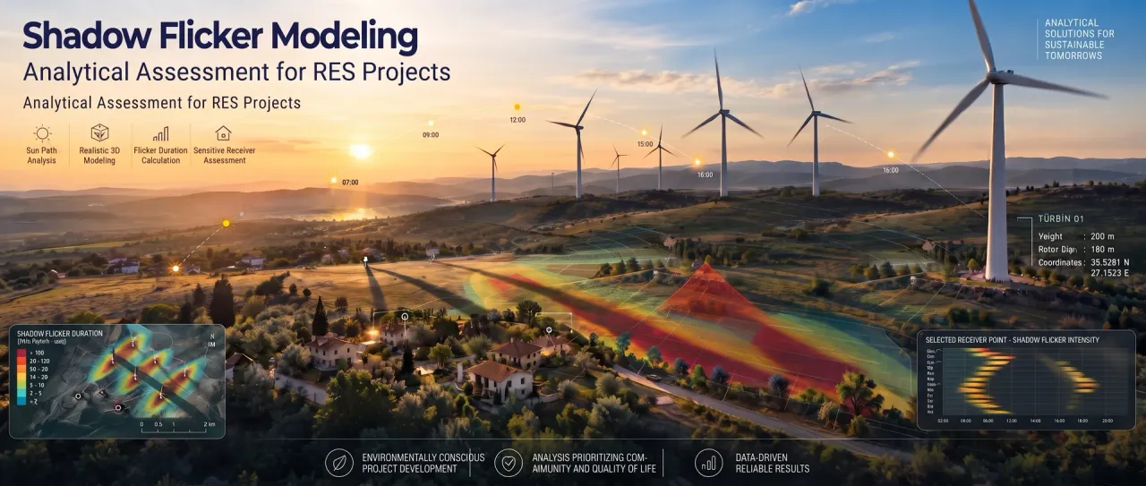 Shadow flicker modeling graphic showing the sun path and turbine shadow exposure zones