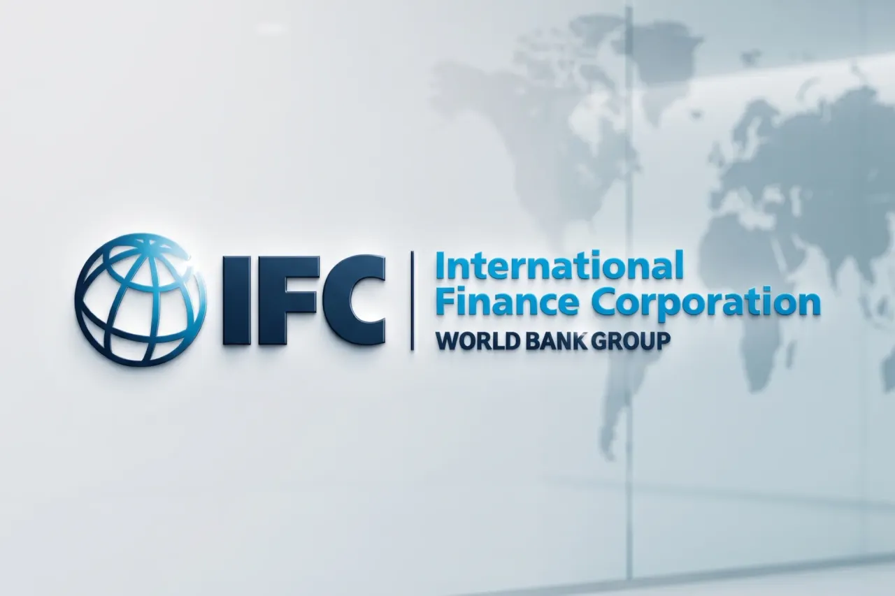 International Finance Corporation (IFC) logo on a glass wall with a world map, reference for IFC baseline studies