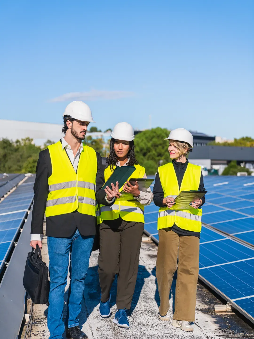 Güneş enerjisi santralinde uygulama sonrası izleme ve uyum kontrolü yapan ekip