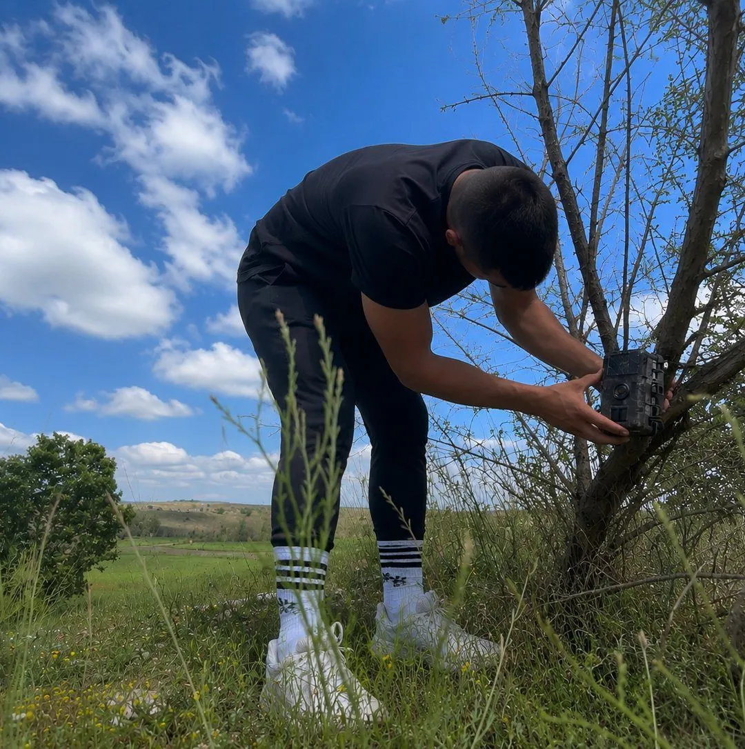 Field specialist mounting a camera trap on a tree to collect wildlife data