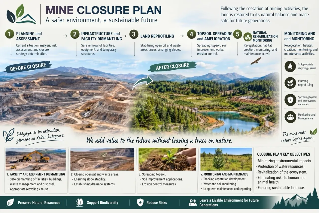 Infographic showing the pre-closure and post-closure stages of a mine closure plan