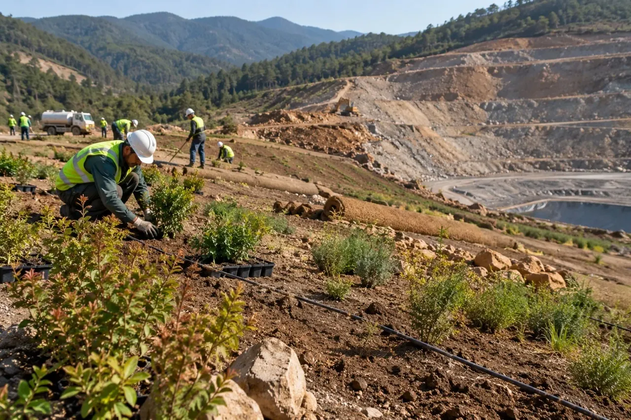 Planting works at a mine site under a landscape restoration and rehabilitation plan